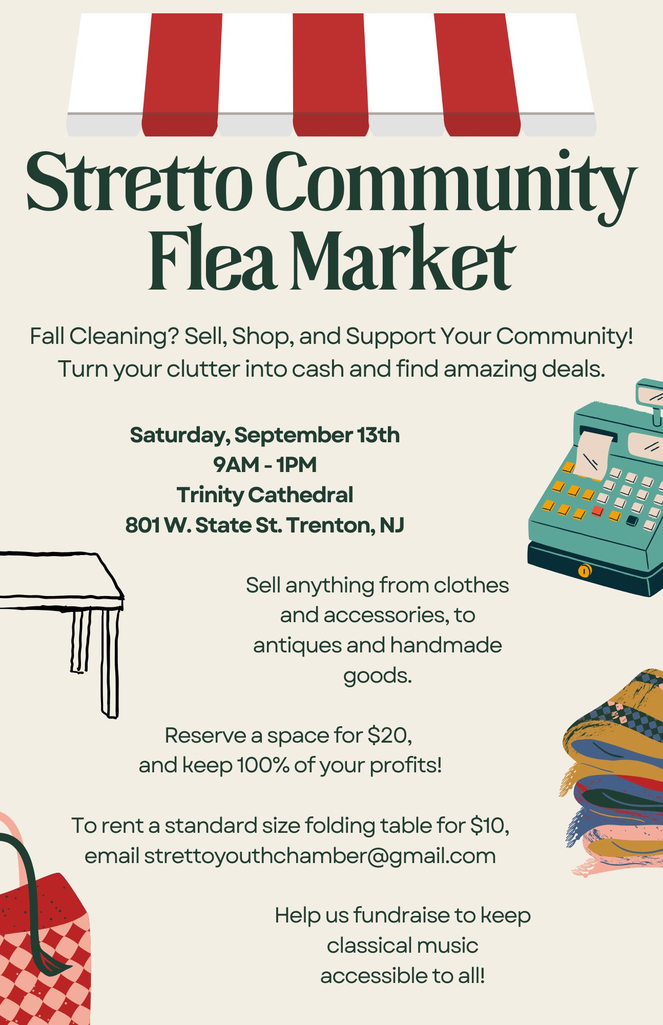 Flea market to Benefit Stretto Youth Chamber Orchestra at Trinity: September 13, 2025