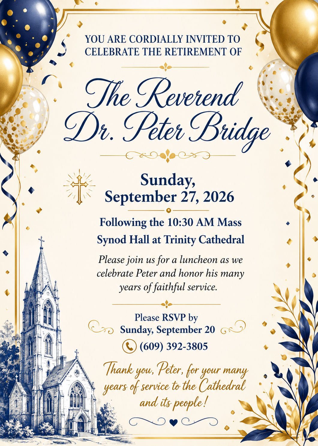 Join us to celebrate The Reverend Dr. Peter Bridge ~ September 27, 2026